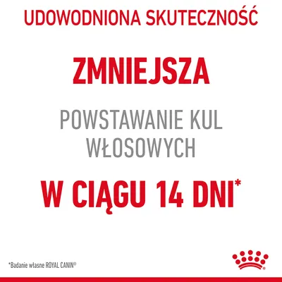Udowodniona skuteczność. Zmniejsza powstawanie kul włosowych w ciągu 14 dni. *Badanie własne ROYAL CANIN.