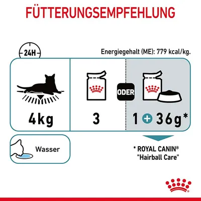 Fütterungsempfehlung für Katzen: 4kg Körpergewicht, täglich 3 Beutel oder 1 Beutel + 36g Trockenfutter. Energiegehalt: 779 kcal/kg. Wasser bereitstellen. Royal Canin Hairball Care.