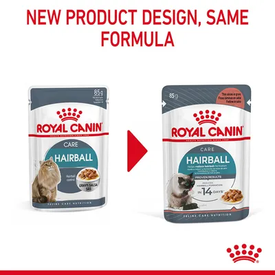 Royal Canin Hairball Care 85g pouch, old and new packaging side by side. Text: New product design, same formula. Both show cat image, product name, and gravy-salsa description.