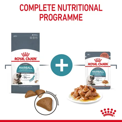 Royal Canin Hairball dry food bag and wet food pouch, both with cat image and text 'PROVEN RESULTS in 14 DAYS', plus kibble pieces and wet food on plate. Text: COMPLETE NUTRITIONAL PROGRAMME.