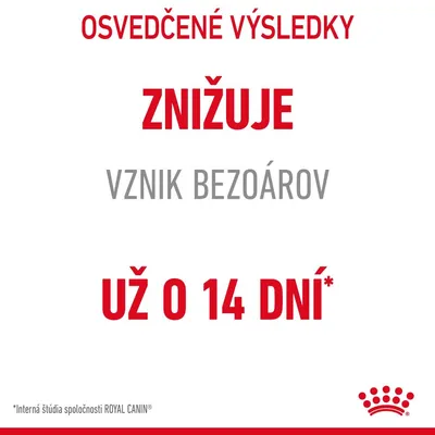 Osvedčené výsledky. Znižuje vznik bezoárov už o 14 dní. Interná štúdia spoločnosti ROYAL CANIN.