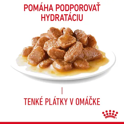 Pomáha podporovať hydratáciu. Tenké plátky v omáčke. Royal Canin. Zobrazené kúsky mäsa na tanieri s omáčkou.