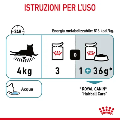Istruzioni per l’uso: gatto 4 kg, energia metabolizzabile 813 kcal/kg, 3 bustine o 1 bustina più 36 g crocchette Royal Canin Hairball Care, acqua sempre disponibile.