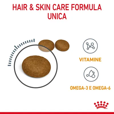HAIR & SKIN CARE FORMULA UNICA, crocchette marroni, VITAMINE, OMEGA-3 E OMEGA-6. Testo in inglese e italiano visibile nell'immagine.