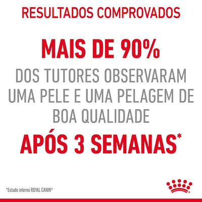 Resultados comprovados: mais de 90% dos tutores observaram uma pele e uma pelagem de boa qualidade após 3 semanas. Estudo interno ROYAL CANIN.