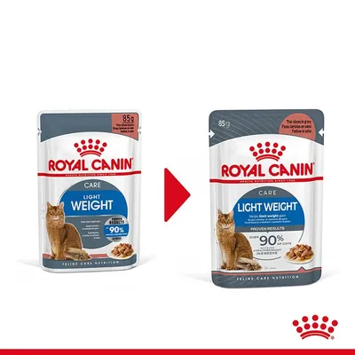 Две опаковки Royal Canin Care Light Weight 85 г за котки, показващи промяна в дизайна на опаковката. Видими са марка, продуктово име и изображение на котка.