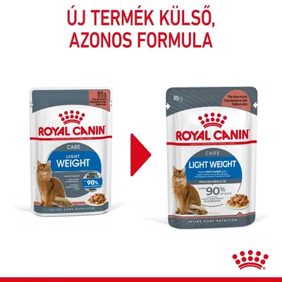 Royal Canin Light Weight macskaeledel 85 g, új csomagolás bemutatása. Felirat: Új termék külső, azonos formula. Mindkét tasakon macska és eledel látható.