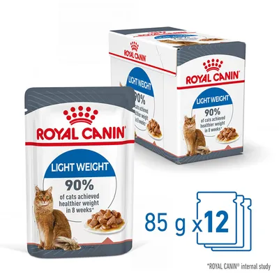 ROYAL CANIN LIGHT WEIGHT cat food, 85 g x 12 pack. Text: 90% of cats achieved healthier weight in 8 weeks. Image shows pouch and box with cat and food pieces.