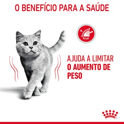 O benefício para a saúde. Ajuda a limitar o aumento de peso. Ícone com velocímetro e texto 'Kcal'. Imagem de um gato cinzento. Texto e elementos visuais em vermelho.