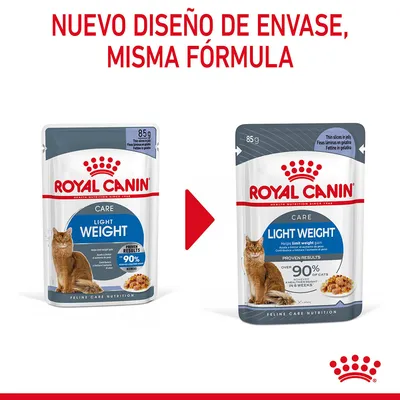 Royal Canin Light Weight Care 85 g, nuevo diseño de envase, misma fórmula. Dos sobres de comida húmeda para gatos con texto: 'Helps limit weight gain', 'over 90% proven results'.