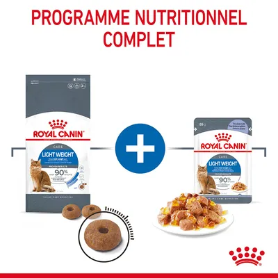 Programme nutritionnel complet Royal Canin Light Weight Care pour chats, croquettes et sachet fraîcheur visibles, 90 % de réussite affiché sur les emballages.