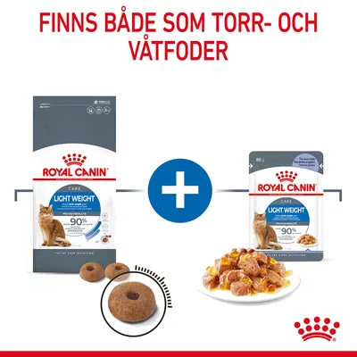 Royal Canin Light Weight Care kattfoder, finns både som torr- och våtfoder. Bild på förpackningar och foderbitar samt text: 'FINNS BÅDE SOM TORR- OCH VÅTFODER'.