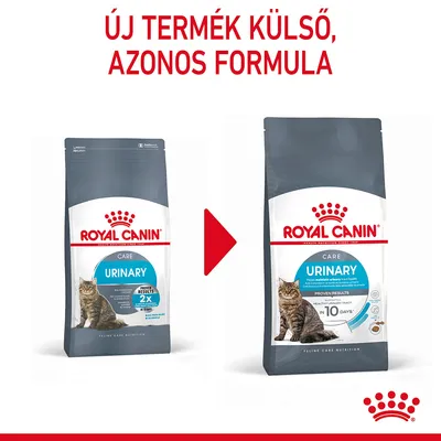 ROYAL CANIN CARE URINARY macskaeledel régi és új csomagolása, felül: Új termék külső, azonos formula. Mindkét csomagon macskakép és kék URINARY felirat látható.