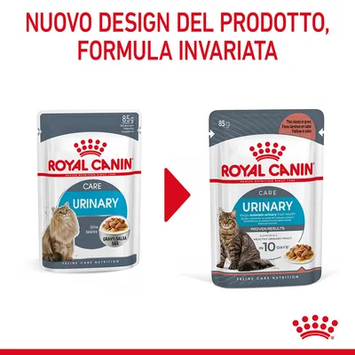 Royal Canin Care Urinary 85 g per gatti, confronto tra vecchio e nuovo design della confezione. Testo in alto: 'Nuovo design del prodotto, formula invariata'.