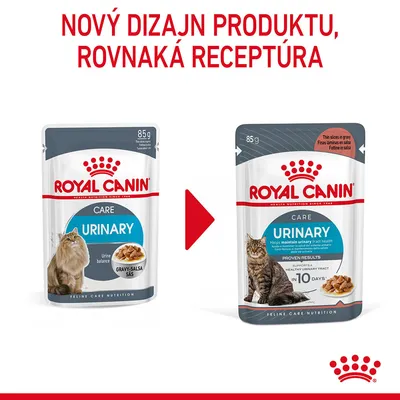 Nový dizajn produktu Royal Canin Urinary Care 85 g, rovnaká receptúra. Zobrazené staré a nové balenie kapsičky pre mačky s viditeľným textom na obale.
