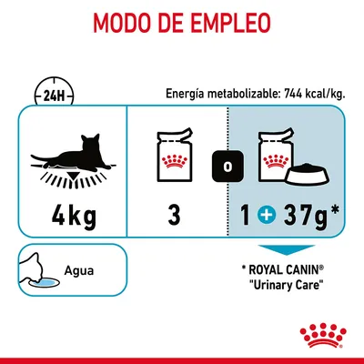 Modo de empleo para gato de 4 kg: 3 sobres o 1 sobre más 37 g de pienso Royal Canin Urinary Care. Energía metabolizable: 744 kcal/kg. Agua disponible.