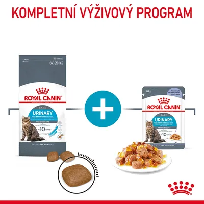 ROYAL CANIN URINARY Care pro kočky, balení granulí a kapsička s kousky v omáčce, nápis KOMPLETNÍ VÝŽIVOVÝ PROGRAM