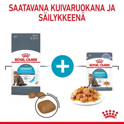 Royal Canin Urinary Care kissanruoka, saatavana kuivaruokana ja säilykkeenä. Kuvassa pakkaukset sekä kuivaruokanappuloita ja annos märkäruokaa lautasella.