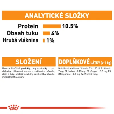 Analytické složky: protein 10,5 %, obsah tuku 4 %, hrubá vláknina 1 %. Složení: maso a živočišné produkty, ryby, obiloviny, oleje, minerální látky. Doplňkové látky: vitamín D3, železo, měď, zinek.