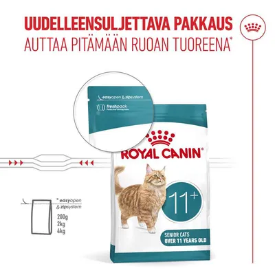 Royal Canin Senior Cats 11+, uudelleensuljettava pakkaus easyopen- ja zipsysteemillä, freshpack, saatavilla 200 g, 2 kg ja 4 kg.