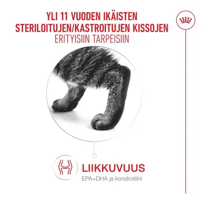 Steriloiduille kissoille, jotka ovat yli 11-vuotiaita, erityistarpeisiin. Liikkuvuus, EPA+DHA ja kondroitiini.