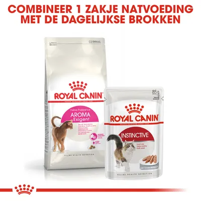 Royal Canin Feline Preference Aroma Exigent brokken en Royal Canin Instinctive natvoeding 85g. Tekst: Combineer 1 zakje natvoeding met de dagelijkse brokken.