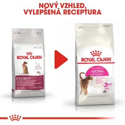 Porovnání starého a nového balení krmiva pro kočky Royal Canin Exigent, nápis: Nový vzhled, vylepšená receptura.