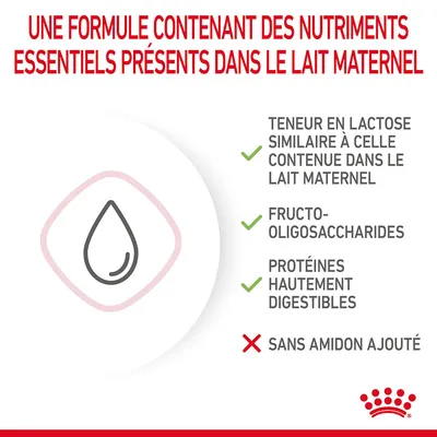 Une formule contenant des nutriments essentiels présents dans le lait maternel : teneur en lactose similaire, fructo-oligosaccharides, protéines hautement digestibles, sans amidon ajouté.