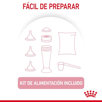 Fácil de preparar. Kit de alimentación incluido. Imagen de varios accesorios: biberón, tetinas, cacito medidor y sobre. Marca Royal Canin visible en la parte inferior.