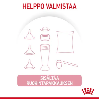 Teksti: Helppo valmistaa. Sisältää ruokintapakkauksen. Kuvassa erilaisia ruokintavälineitä, kuten tuttipullo, mitta ja suuttimia.