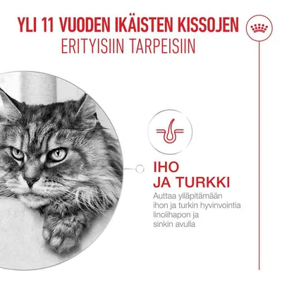 Tuotekuvaus tekstillä: Yli 11-vuotiaille kissoille. Iho ja turkki. Tukee ihon ja turkin terveyttä linolihapon ja sinkin avulla. Tuotekuvaus tekstillä: Yli 11-vuotiaille kissoille. Iho ja turkki. Tukee ihon ja turkin terveyttä linolihapon ja sinkin avulla.