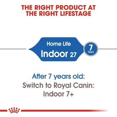 Text: The right product at the right lifestage. Home Life Indoor 27, 7 years. After 7 years old: Switch to Royal Canin: Indoor 7+.