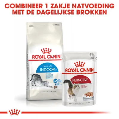 Royal Canin Home Life Indoor 27 kattenbrokken en Royal Canin Instinctive natvoeding, tekst: Combineer 1 zakje natvoeding met de dagelijkse brokken.