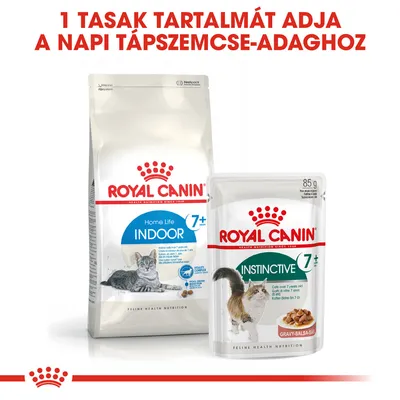 1 tasak tartalmát adja a napi tápszemcse-adaghoz. Royal Canin Home Life Indoor 7+ száraz és Instinctive 7+ gravy macskaeledel csomagolás, 85 g.