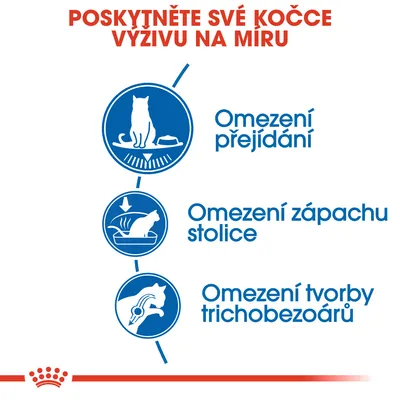 Poskytněte své kočce výživu na míru. Omezení přejídání, omezení zápachu stolice, omezení tvorby trichobezoárů.