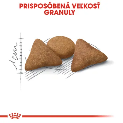 Tri granuly s nápisom PRISPÔSOBENÁ VEĽKOSŤ GRANULY, vedľa meradla ukazujúceho približne 1 cm. Tvar granúl: dva trojuholníky a jeden kruh.