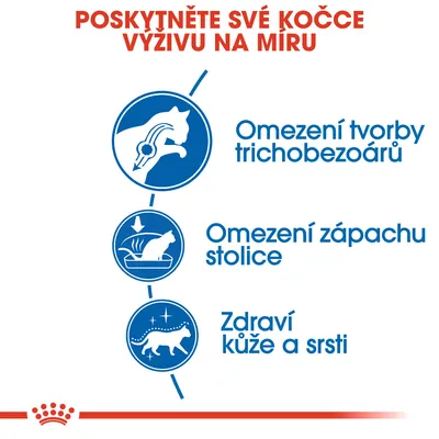 Poskytněte své kočce výživu na míru: Omezení tvorby trichobezoárů, omezení zápachu stolice, zdraví kůže a srsti.