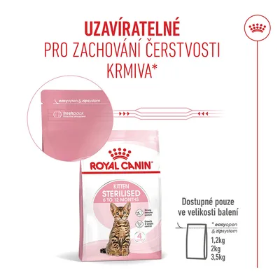 Royal Canin Kitten Sterilised 6 až 12 měsíců s uzavíratelným easyopen a zip systémem, dostupné v 1,2 kg, 2 kg a 3,5 kg. Fresh pack pro delší trvanlivost. Royal Canin Kitten Sterilised 6 až 12 měsíců s uzavíratelným easyopen a zip systémem, dostupné v 1,2 kg, 2 kg a 3,5 kg. Fresh pack pro delší trvanlivost.