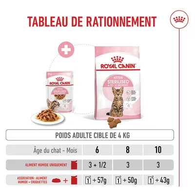 Tableau d'alimentation pour Royal Canin Kitten Sterilised : quantités recommandées de nourriture humide et sèche selon l'âge du chaton pour un poids cible de 4,0 kg. Tableau d'alimentation pour Royal Canin Kitten Sterilised : quantités recommandées de nourriture humide et sèche selon l'âge du chaton pour un poids cible de 4,0 kg.