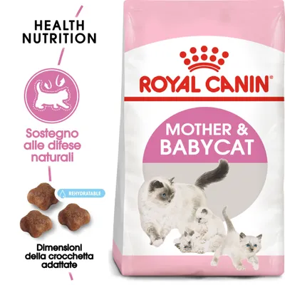 Royal Canin Mother & Babycat, Sostegno alle difese naturali, Dimensioni della crocchetta adattate, Rehydratable, immagine di gatta e gattini su confezione.