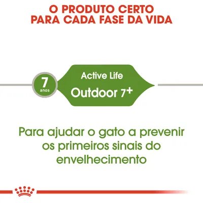 O PRODUTO CERTO PARA CADA FASE DA VIDA. 7 anos. Active Life Outdoor 7+. Para ajudar o gato a prevenir os primeiros sinais do envelhecimento.