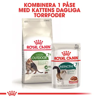 Royal Canin Active Life Outdoor 7+ torrfoderpåse och Instinctive 7+ våtfoderpåse, text: Kombinera 1 påse med kattens dagliga torrfoder.