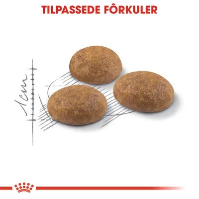 Tre tilpassede fôrkuler vist med størrelsesangivelse, cirka 1 cm i diameter. Tekst: TILPASSEDE FÔRKULER.