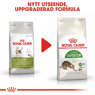 Royal Canin Outdoor kattmat, bild på gammal och ny förpackning med text: NYTT UTSEENDE, UPPGRADERAD FORMULA. Synlig produktinformation på båda påsarna.