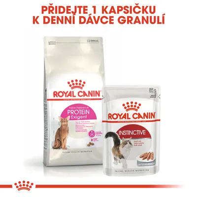 ROYAL CANIN Feline Preference PROTEIN Exigent granule a ROYAL CANIN Instinctive kapsička 85 g, text: Přidejte 1 kapsičku k denní dávce granulí