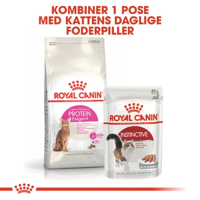 Royal Canin Feline Preference Protein Exigent tørfoder og Royal Canin Instinctive 85 g vådfoder. Tekst: Kombiner 1 pose med kattens daglige foderpiller.