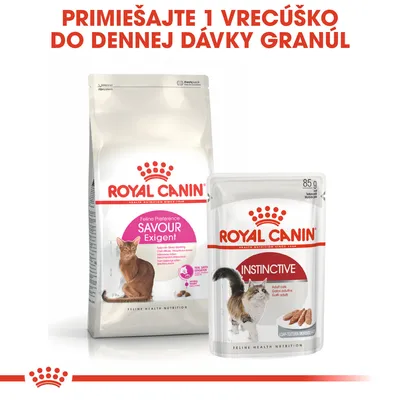 ROYAL CANIN Savour Exigent granuly pre mačky a ROYAL CANIN Instinctive kapsička 85 g. Text: Primiešajte 1 vrecúško do dennej dávky granúl.