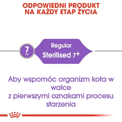 Odpowiedni produkt na każdy etap życia. Regular Sterilised 7+. 7 lat. Aby wspomóc organizm kota w walce z pierwszymi oznakami procesu starzenia.