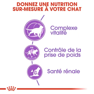 Donnez une nutrition sur-mesure à votre chat : complexe vitalité, contrôle de la prise de poids, santé rénale. Texte et pictogrammes visibles en violet.