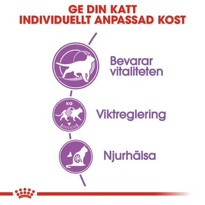 Ge din katt individuellt anpassad kost. Bevarar vitaliteten, viktreglering, njurhälsa.